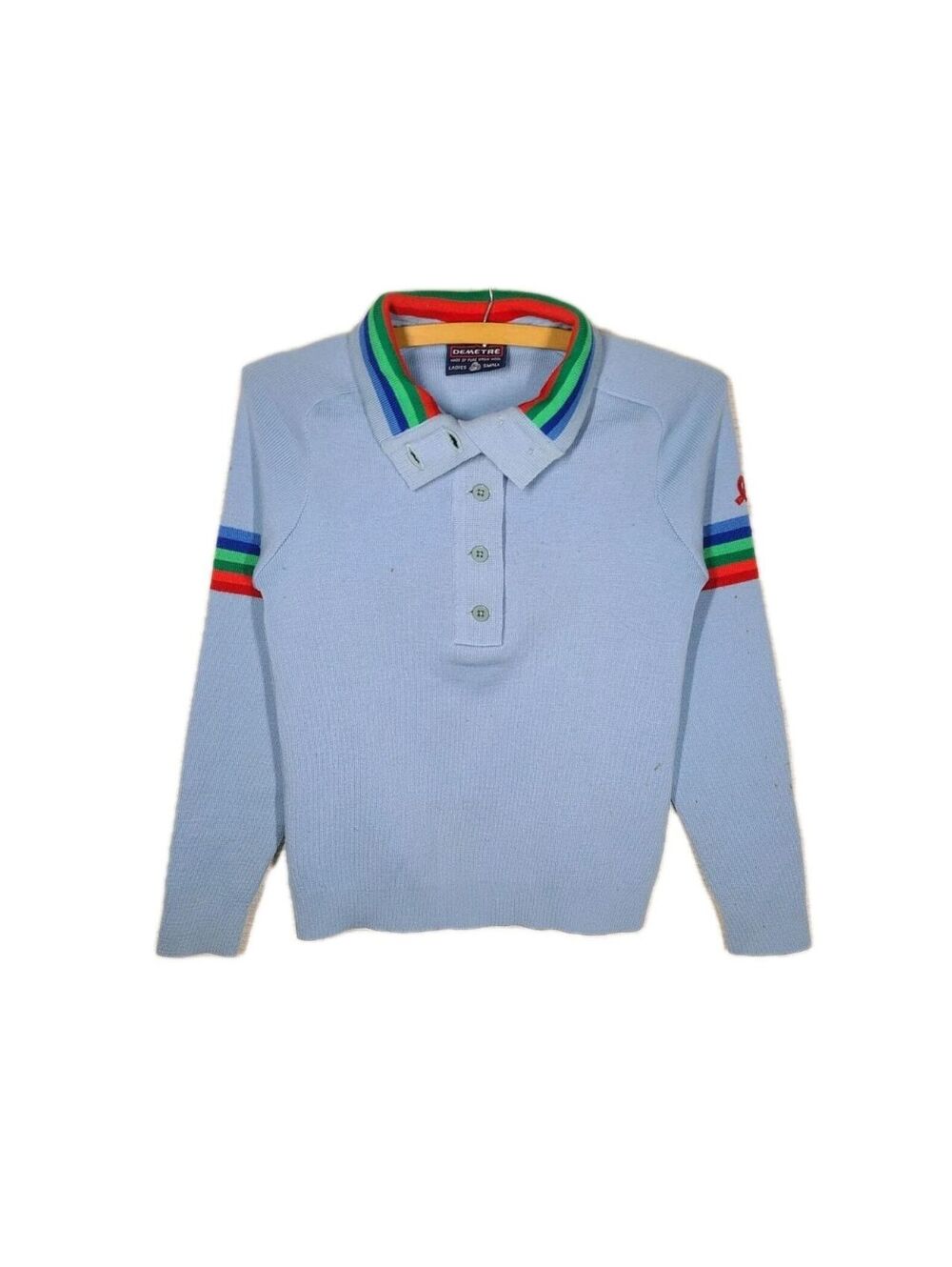 Vtg 70s Ski Sweater Demetre 100% Wool Knit Rainbow Stripe Women’s Small Snow